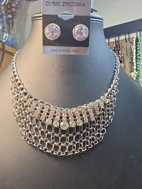 Silver-Tone Rhinestone Bib Multi-Row Statement Necklace